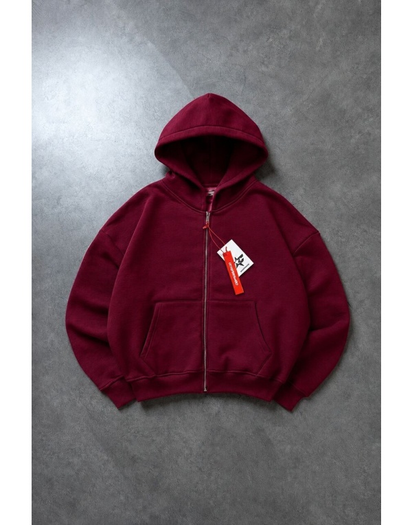 Bordo Boxy Crop Erkek Ceket Zip Hoodie