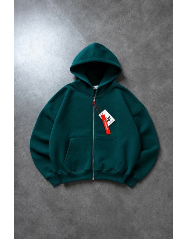 Yeşil Boxy Crop Erkek Ceket Zip Hoodie