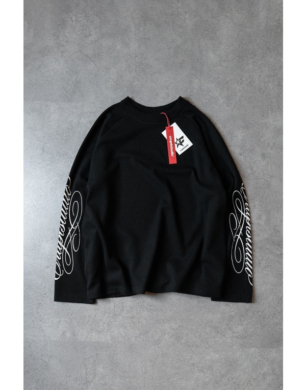 Black Script Waffle Crop Uzun Kollu Erkek Tişört