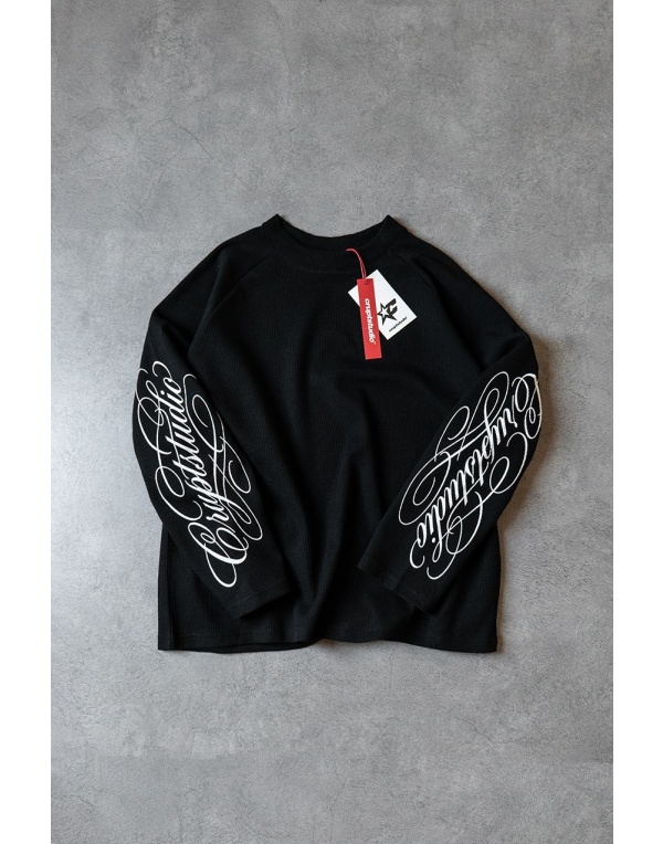Black Script Waffle Crop Uzun Kollu Erkek Tişört
