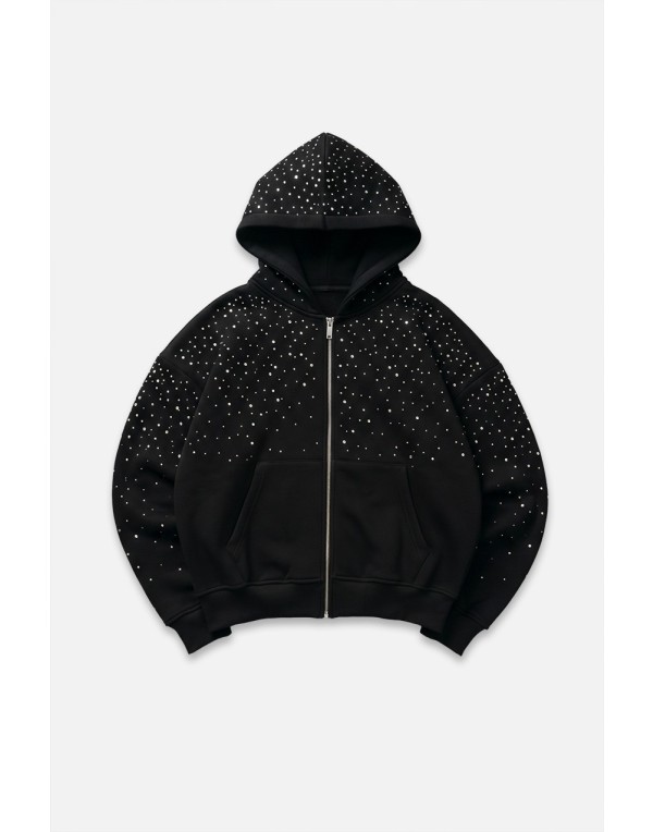 Crupt Stardust Taşlı Siyah Boxy Crop Erkek Zip Hoodie