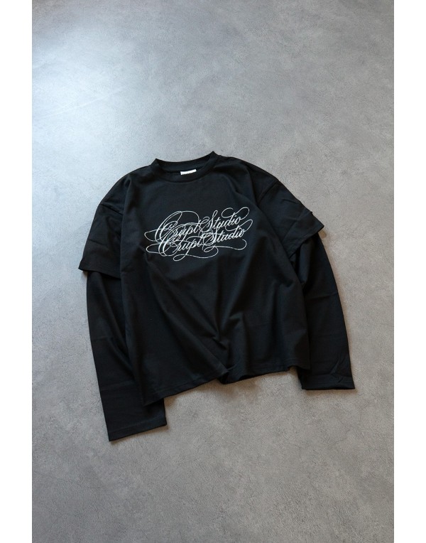 Double Script Double Sleeve Uzun Kollu Crop Erkek Tişört