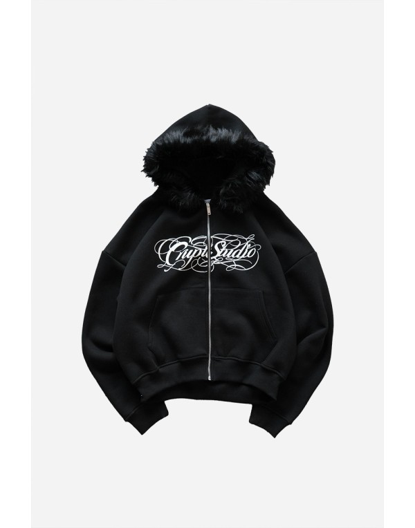 Dark Black Crupt Fur Siyah Erkek Zip Hoodie